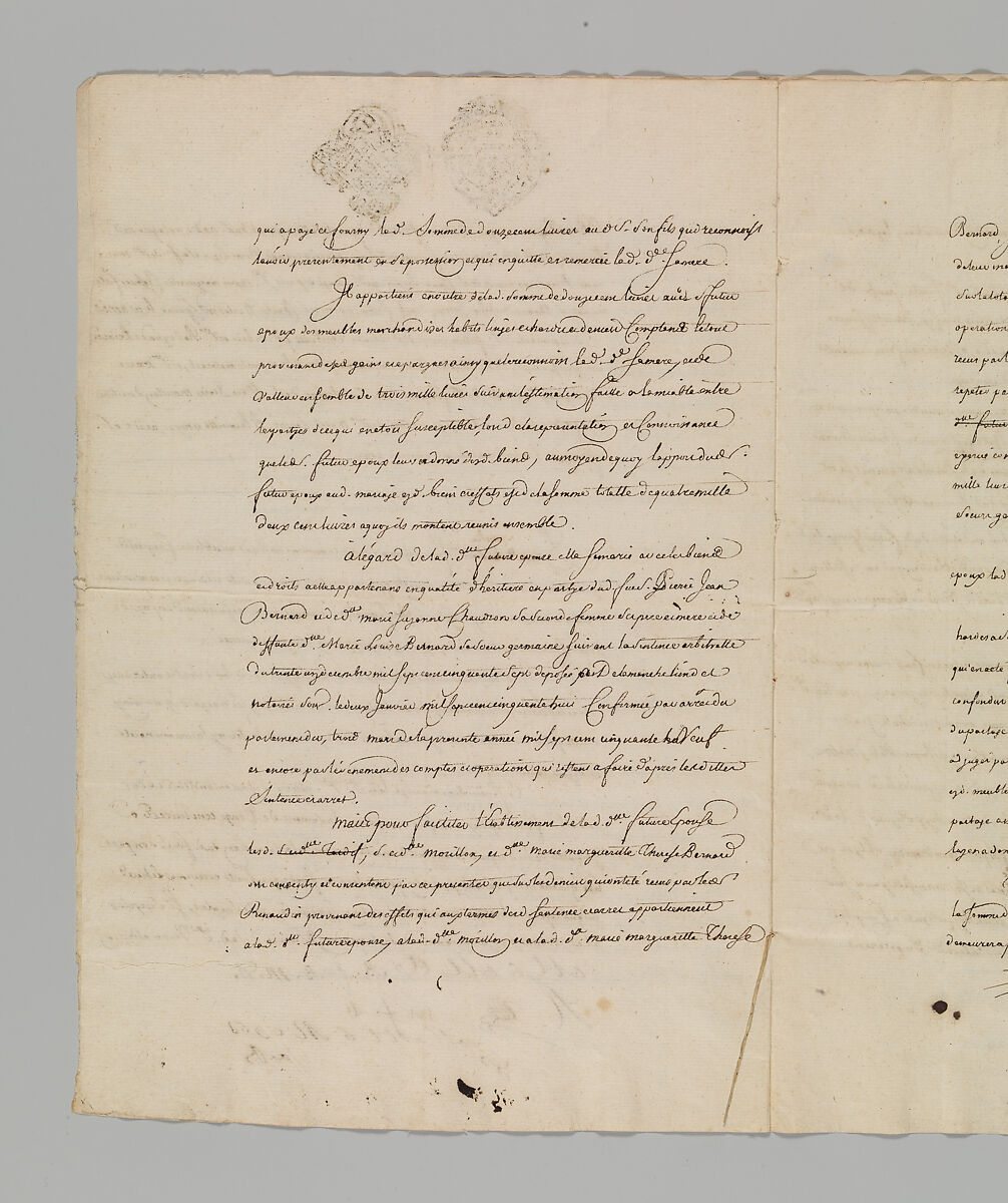 Marriage Contract Between Jean Baptiste Claude Allevin, Gunmaker, and Barbe Françoise Bernard, Paris, July 13, 1759, Pen on paper, French, Paris