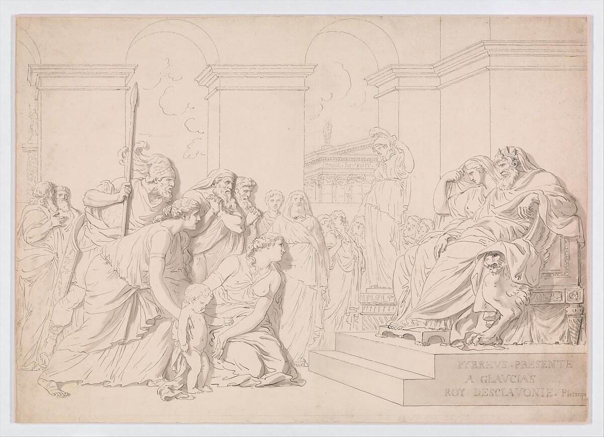Pyrrhus in the House of Glaucias, Augustin Pajou (French, Paris 1730–1809 Paris), Black chalk, pen and gray ink, brush and gray wash on two joined sheets 