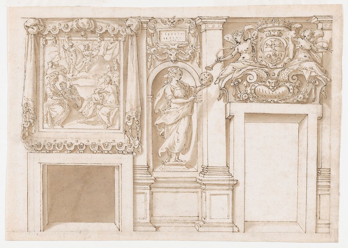 Design for a Wall Decoration with Apollo and the Muses, a Figure of Astronomy, and the Coat-of-Arms of a Grand Duke of Tuscany as Grand Master of the Order of Santo Stefano, Marco Marchetti (Marco da Faenza) (Italian, Faenza before 1528–1588 Faenza), Pen and brown ink, brush and brown wash over traces of black chalk 