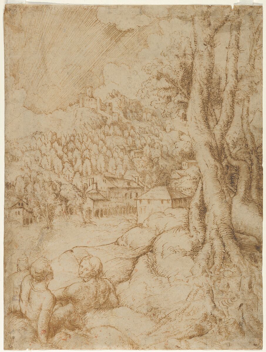 Two Seated Figures in a Landscape with Mountains and a Town (recto); Sketch of a Landscape with Mountains and Buildings (verso), Anonymous, Italian, Venetian, 16th century, Pen and brown ink (recto); red chalk (verso) 