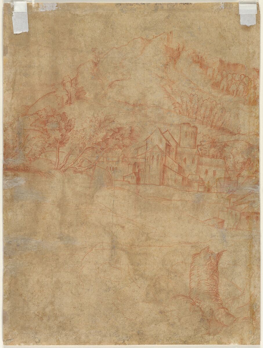 Two Seated Figures in a Landscape with Mountains and a Town (recto); Sketch of a Landscape with Mountains and Buildings (verso), Anonymous, Italian, Venetian, 16th century, Pen and brown ink (recto); red chalk (verso)