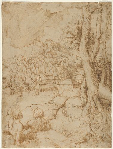 Two Seated Figures in a Landscape with Mountains and a Town (recto); Sketch of a Landscape with Mountains and Buildings (verso)