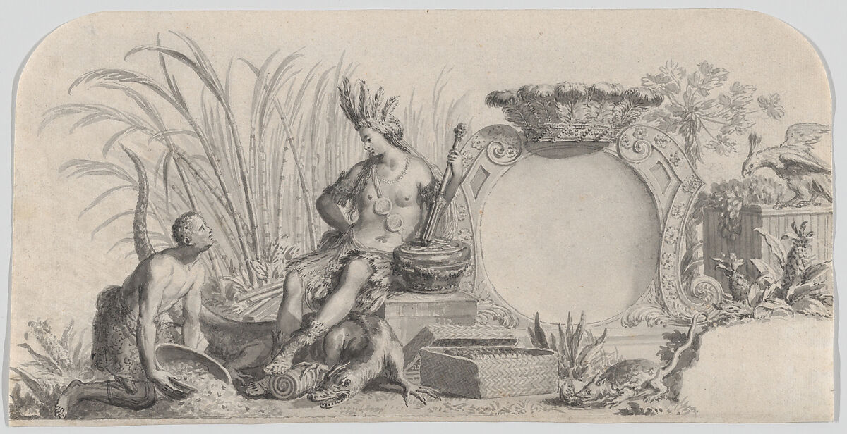 Allegory of America, Philip Tideman (Dutch, Hamburg 1657–1705 Amsterdam), Brush and gray ink, over graphite, incised for transfer 