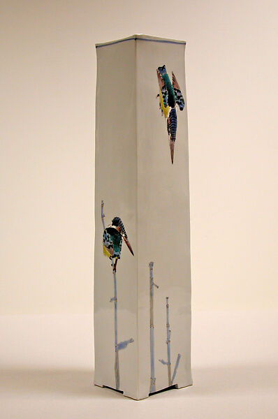 Tall Vase with Kingfishers, Takegoshi Jun (Japanese, born 1948), Porcelain with overglaze enamels and underglaze blue (Kutani ware), Japan 