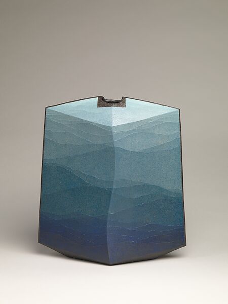 Vase, Miyashita Zenji (Japanese, 1939–2012), Stoneware with tinted blue clay bands, Japan 