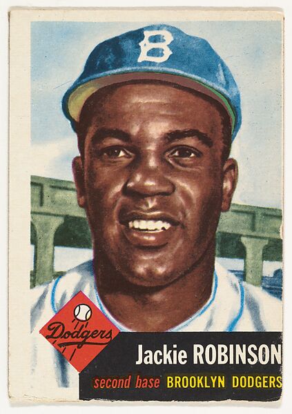 Card Number 1, Jackie Robinson, Second Base, Brooklyn Dodgers, from the series Topps Dugout Quiz (R414-7), issued by Topps Chewing Gum Company, Issued by Topps Chewing Gum Company (American, Brooklyn), Commercial color lithograph 