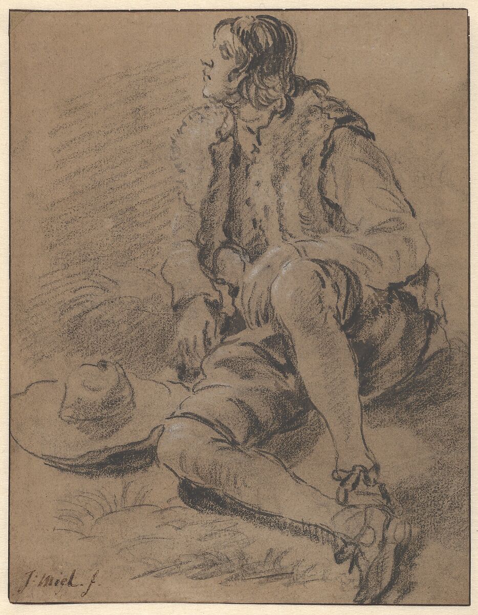 A Young Man Seated on the Ground, Jan Miel (Flemish, Beveren 1599–1664 Turin), Black and white chalk, brush and gray ink on brown paper; framing line in pen and brown ink 