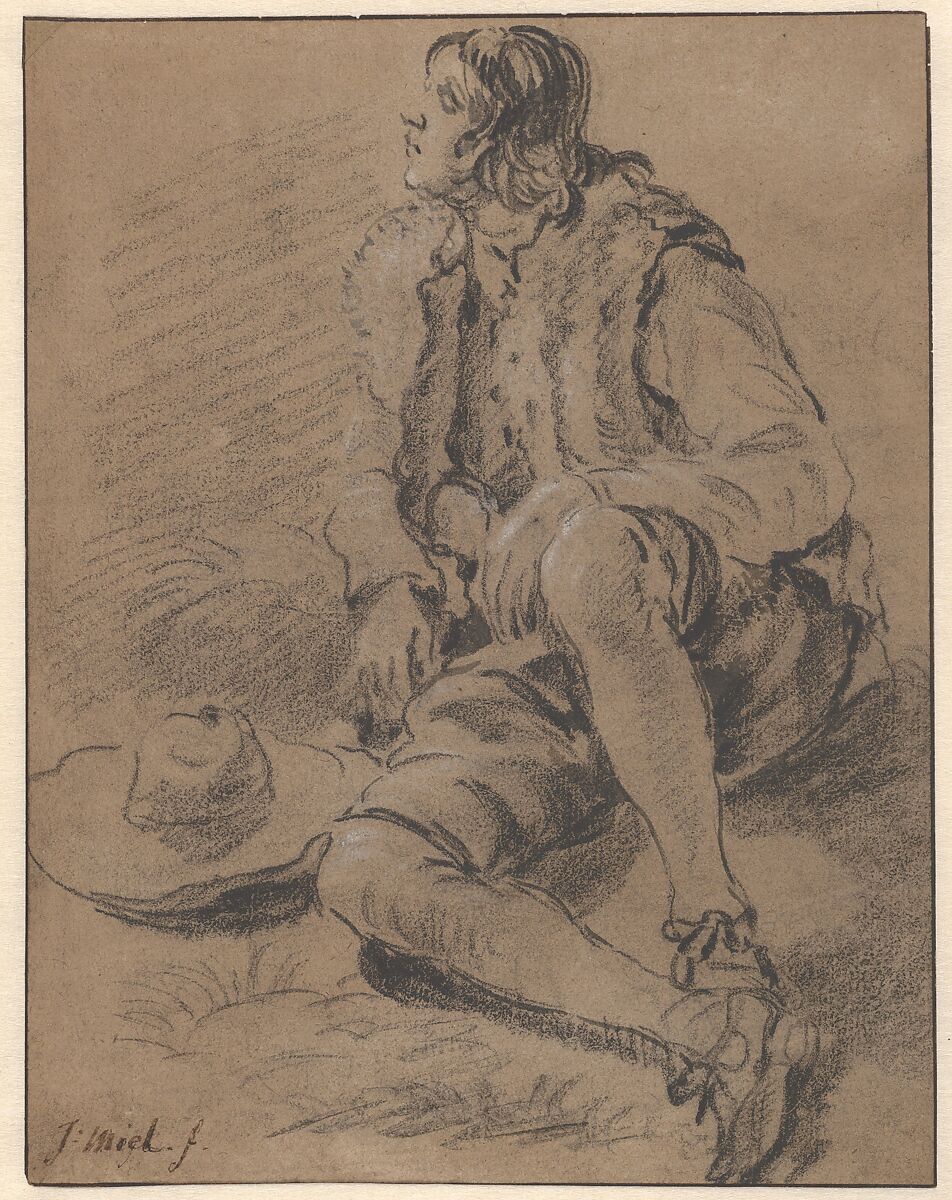 A Young Man Seated on the Ground, Jan Miel (Flemish, Beveren 1599–1664 Turin), Black and white chalk, brush and gray ink on brown paper; framing line in pen and brown ink