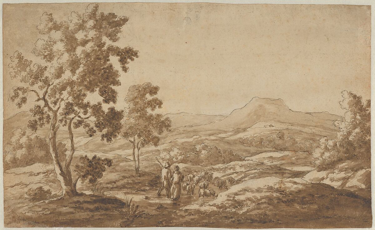 Southern Landscape with Shepherds and Sheep; verso: Study of a Sheep's Head (?), Simon van der Does (Dutch, Amsterdam 1653–1717 Antwerp), Pen and brown ink, brush and brown wash 