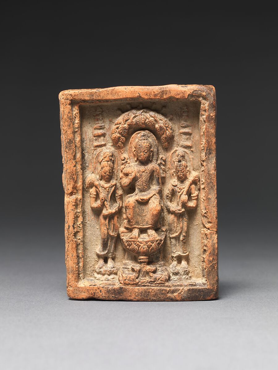 Seated Buddha Flanked by Two Bodhisattvas, Terracotta, Thailand 