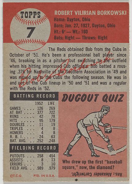 Card Number 7, Bob Borkowski, Outfielder, Cincinnati Reds, from the series Topps Dugout Quiz (R414-7), issued by Topps Chewing Gum Company, Issued by Topps Chewing Gum Company (American, Brooklyn), Commercial color lithograph