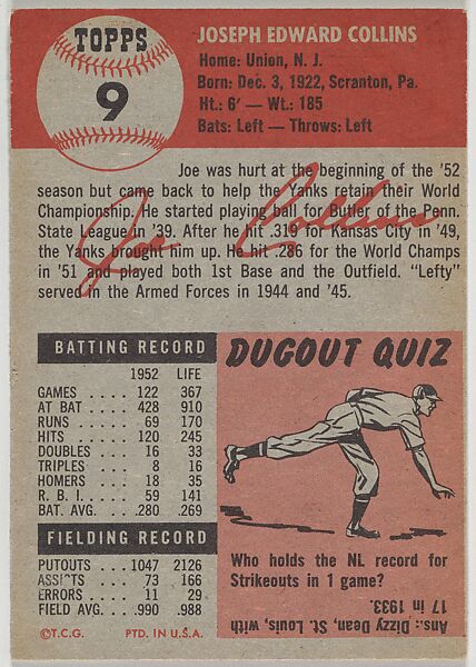 Card Number 9, Joe Collins, First Base, New York Yankees, from the series Topps Dugout Quiz (R414-7), issued by Topps Chewing Gum Company, Issued by Topps Chewing Gum Company (American, Brooklyn), Commercial color lithograph