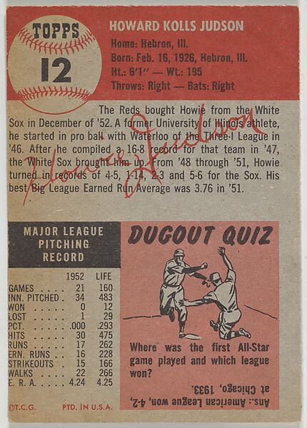 Card Number 12, Howie Judson, Pitcher, Cincinnati Reds, from the series Topps Dugout Quiz (R414-7), issued by Topps Chewing Gum Company, Issued by Topps Chewing Gum Company (American, Brooklyn), Commercial color lithograph