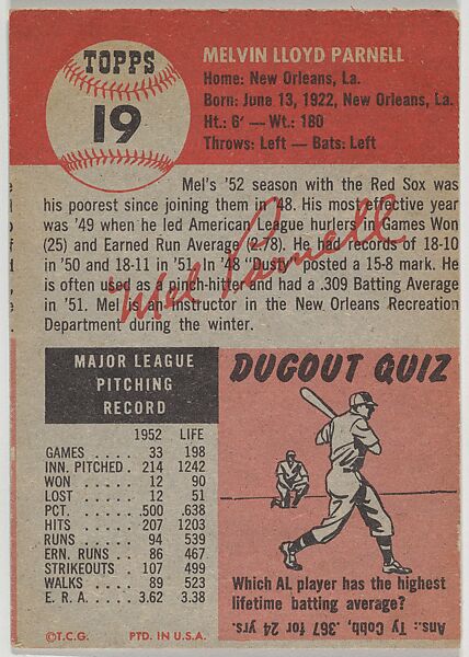 Card Number 19, Mel Parnell, Pitcher, Boston Red Sox, from the series Topps Dugout Quiz (R414-7), issued by Topps Chewing Gum Company, Issued by Topps Chewing Gum Company (American, Brooklyn), Commercial color lithograph