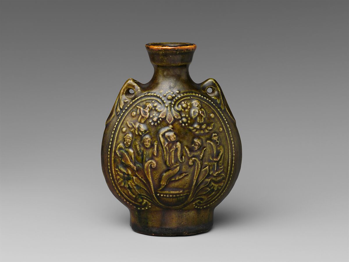 Pilgrim’s flask with Central Asian dancers, Earthenware with molded decoration under olive-green glaze, China 
