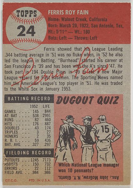 Card Number 24, Ferris Fain, First Base, Philadelphia Athletics, from the series Topps Dugout Quiz (R414-7), issued by Topps Chewing Gum Company, Issued by Topps Chewing Gum Company (American, Brooklyn), Commercial color lithograph