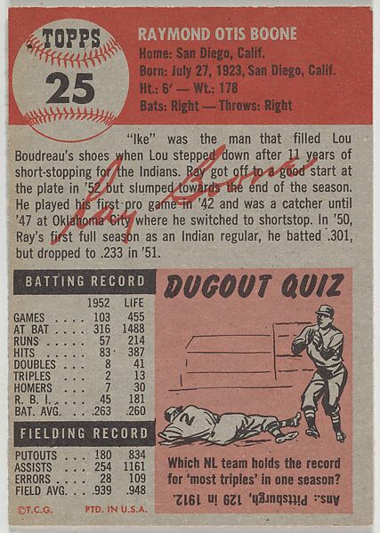 Card Number 25, Ray Boone, Shortstop, Cleveland Indians, from the series Topps Dugout Quiz (R414-7), issued by Topps Chewing Gum Company, Issued by Topps Chewing Gum Company (American, Brooklyn), Commercial color lithograph