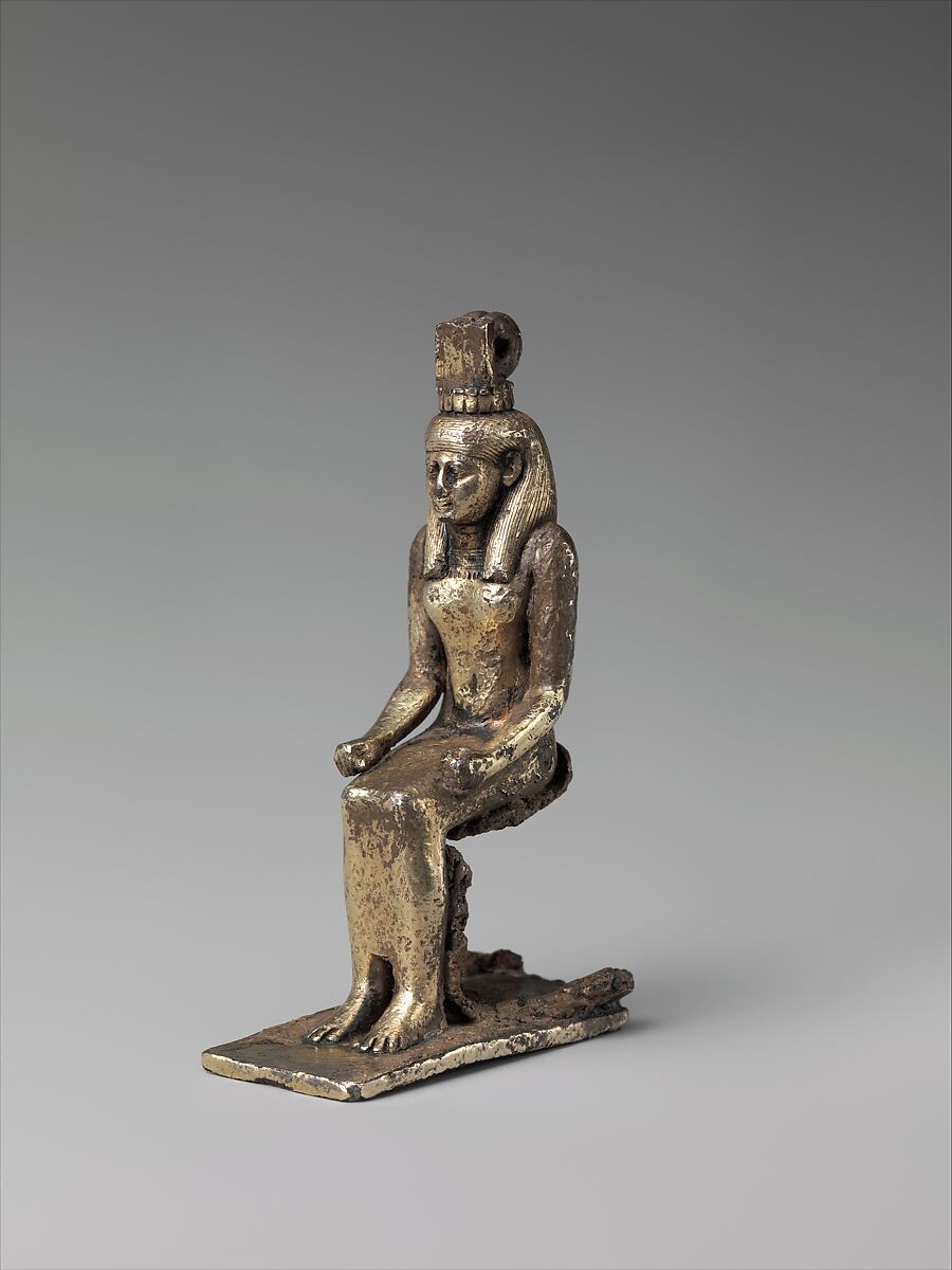Seated goddess Nephthys, inscribed for Mereskhonsu, Silver, gilded