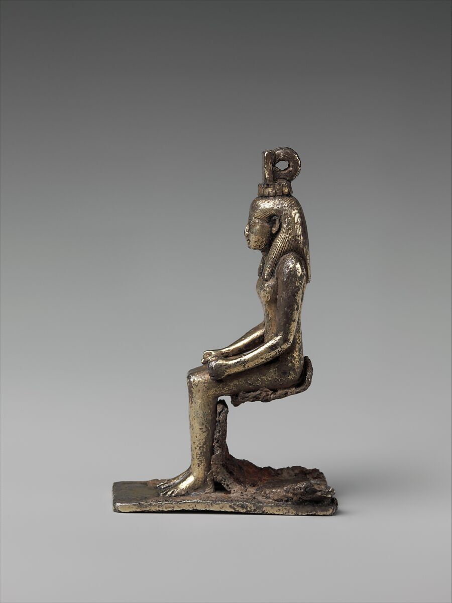 Seated goddess Nephthys, inscribed for Mereskhonsu, Silver, gilded