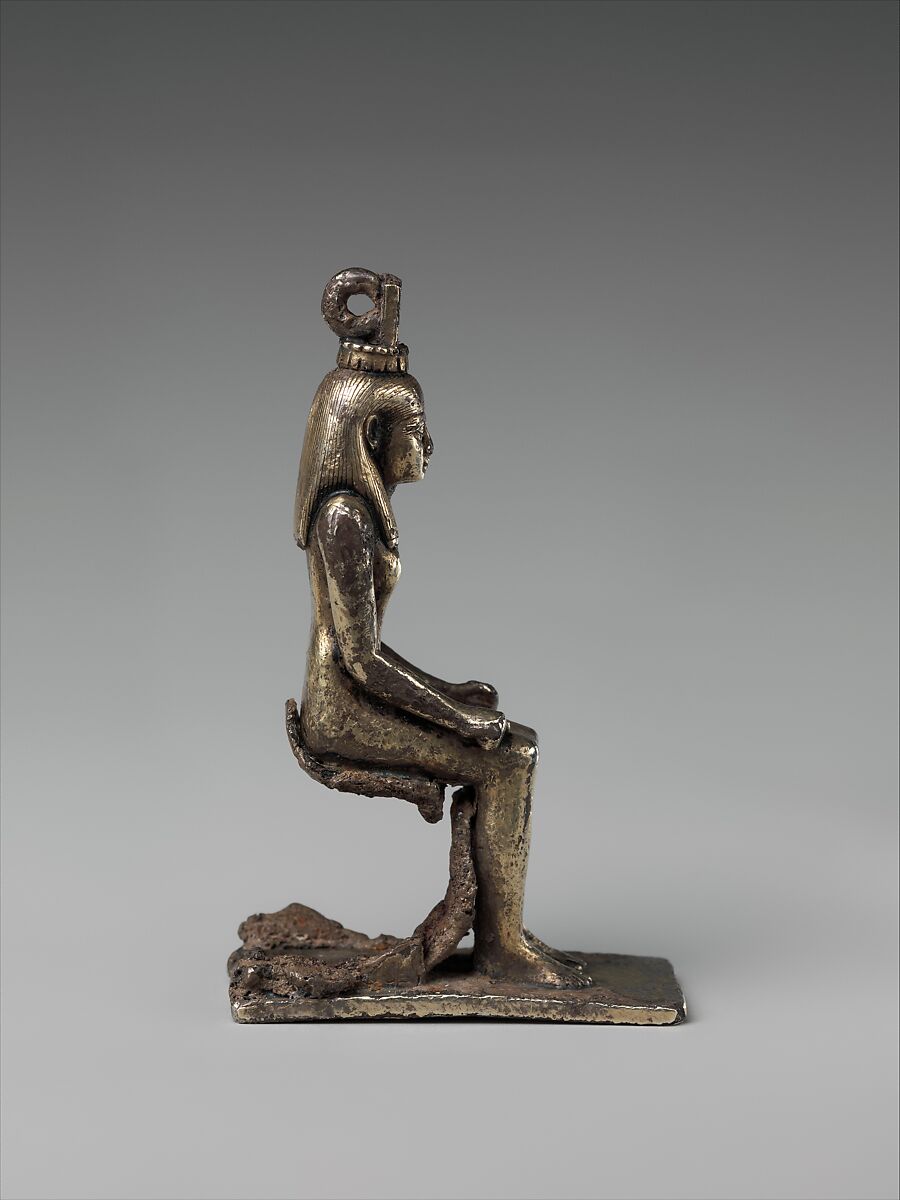 Seated goddess Nephthys, inscribed for Mereskhonsu, Silver, gilded