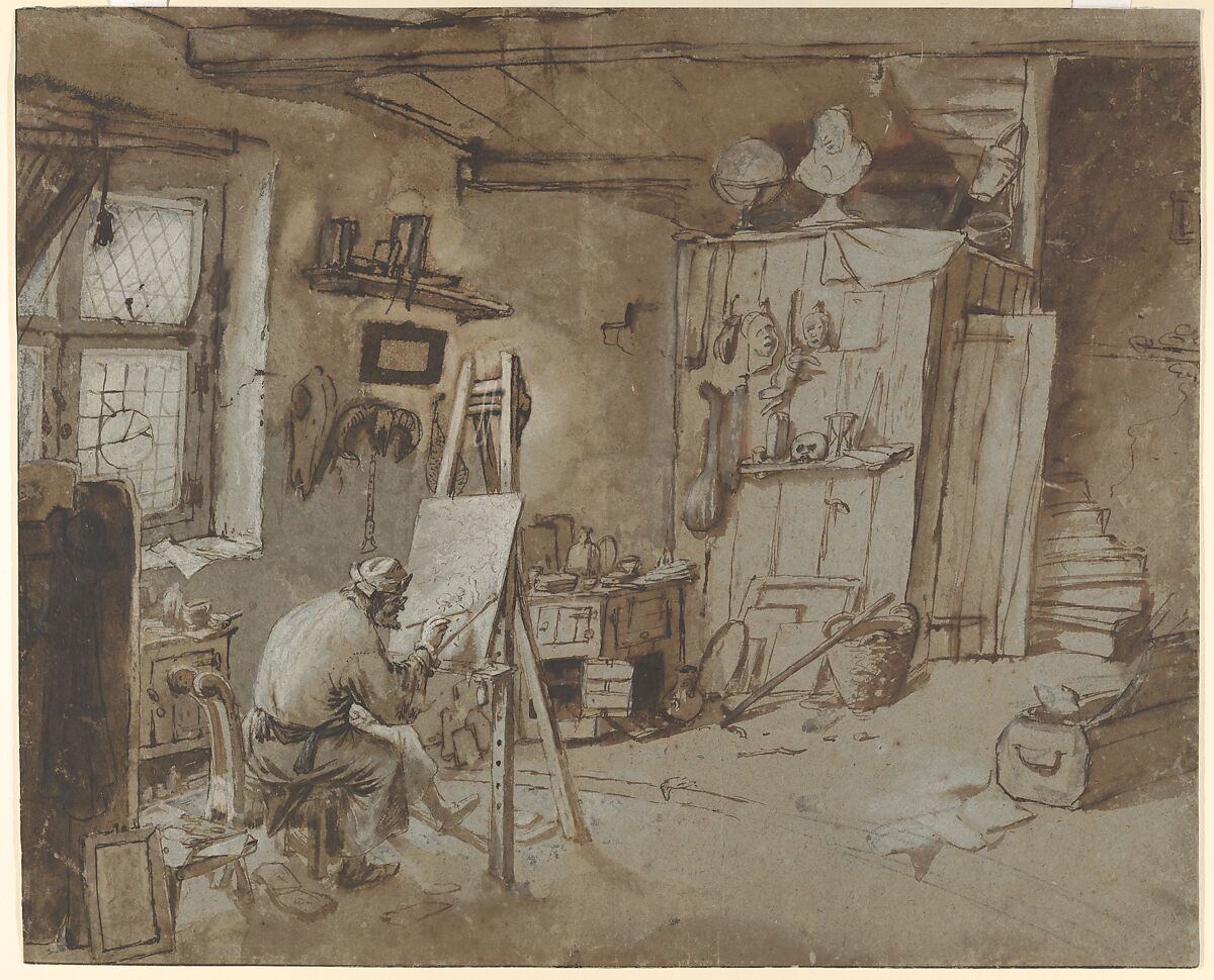 A Painter at Work in his Studio, Thomas Wijck (Dutch, Beverwijck, near Haarlem 1616?–1677 Haarlem), Pen and brown ink, brown wash, white gouache, over black and red chalk, on blue paper; framing line at top and bottom in pen and brown ink 