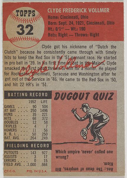 Card Number 32, Clyde Vollmer, Outfielder, Boston Red Sox, from the series Topps Dugout Quiz (R414-7), issued by Topps Chewing Gum Company, Issued by Topps Chewing Gum Company (American, Brooklyn), Commercial color lithograph