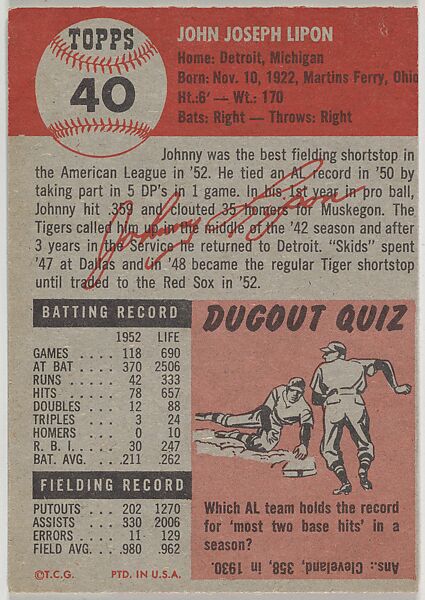 Card Number 38, John Lipon, Shortstop, Boston Red Sox, from the series Topps Dugout Quiz (R414-7), issued by Topps Chewing Gum Company, Issued by Topps Chewing Gum Company (American, Brooklyn), Commercial color lithograph