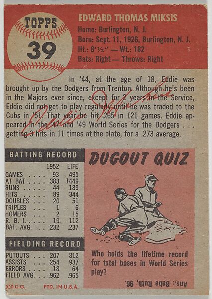 Card Number 39, Eddie Miksis, Second Base, Chicago Cubs, from the series Topps Dugout Quiz (R414-7), issued by Topps Chewing Gum Company, Issued by Topps Chewing Gum Company (American, Brooklyn), Commercial color lithograph