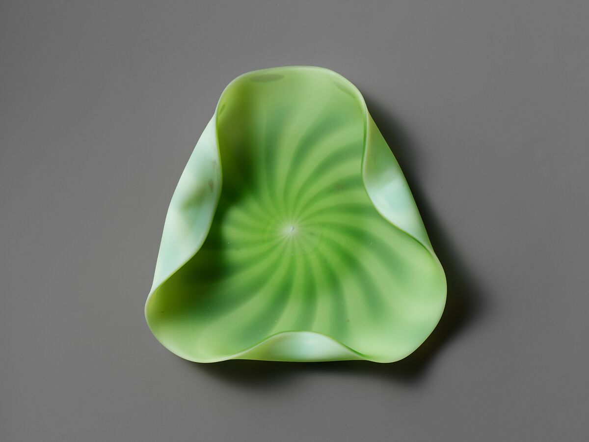 Plate, Blown satin green with white opaque glass, British
