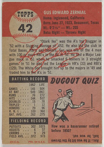 Card Number 42, Gus Zernial, Outfielder, Philadelphia Athletics, from the series Topps Dugout Quiz (R414-7), issued by Topps Chewing Gum Company, Issued by Topps Chewing Gum Company (American, Brooklyn), Commercial color lithograph