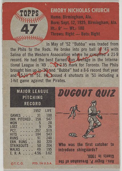 Issued by Topps Chewing Gum Company - Card Number 47, Bubba Church ...