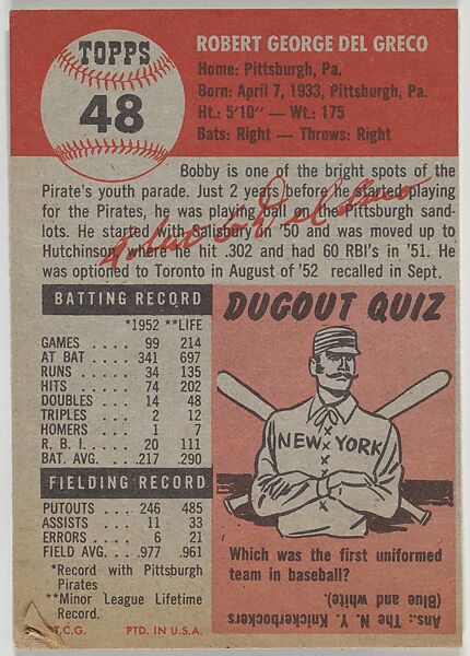 Card Number 48, Bob Del Greco, Outfielder, Pittsburgh Pirates, from the series Topps Dugout Quiz (R414-7), issued by Topps Chewing Gum Company, Issued by Topps Chewing Gum Company (American, Brooklyn), Commercial color lithograph