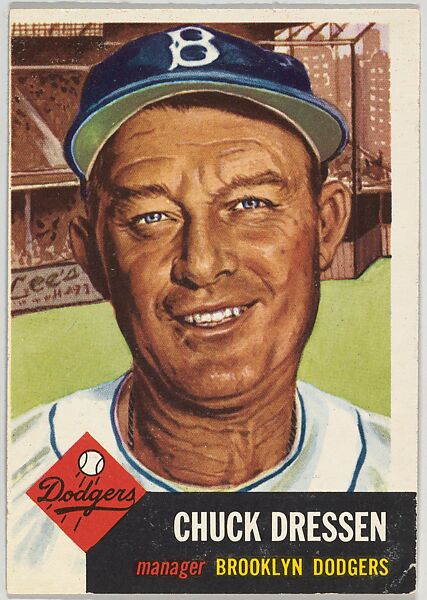 Card Number 50, Chuck Dressen, Manager, Brooklyn Dodgers, from the series Topps Dugout Quiz (R414-7), issued by Topps Chewing Gum Company, Issued by Topps Chewing Gum Company (American, Brooklyn), Commercial color lithograph 