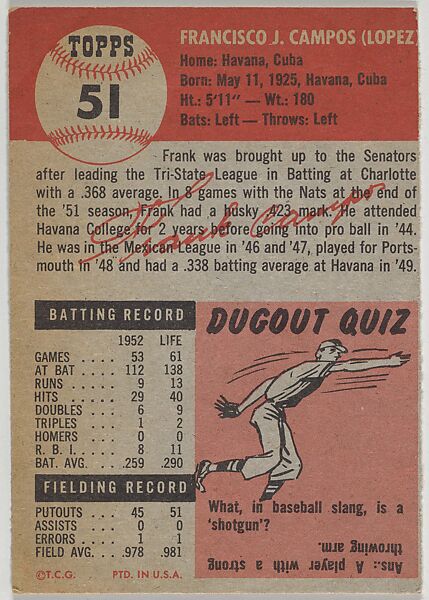 Card Number 51, Frank Campos, Outfielder, Washington Senators, from the series Topps Dugout Quiz (R414-7), issued by Topps Chewing Gum Company, Issued by Topps Chewing Gum Company (American, Brooklyn), Commercial color lithograph