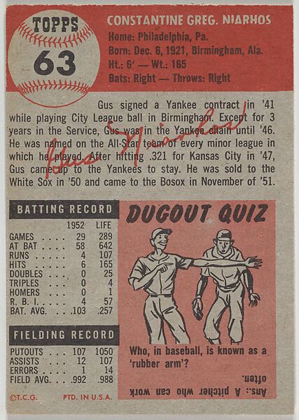 Card Number 63, Gus Niarhos, Catcher, Boston Red Sox, from the series Topps Dugout Quiz (R414-7), issued by Topps Chewing Gum Company, Issued by Topps Chewing Gum Company (American, Brooklyn), Commercial color lithograph
