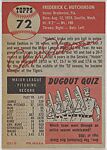 Card Number 72, Fred Hutchinson, Manager, Detroit Tigers, from the series Topps Dugout Quiz (R414-7), issued by Topps Chewing Gum Company, Issued by Topps Chewing Gum Company (American, Brooklyn), Commercial color lithograph