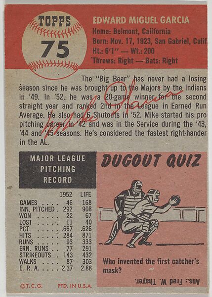 Card Number 75, Mike Garcia, Pitcher, Cleveland Indians, from the series Topps Dugout Quiz (R414-7), issued by Topps Chewing Gum Company, Issued by Topps Chewing Gum Company (American, Brooklyn), Commercial color lithograph