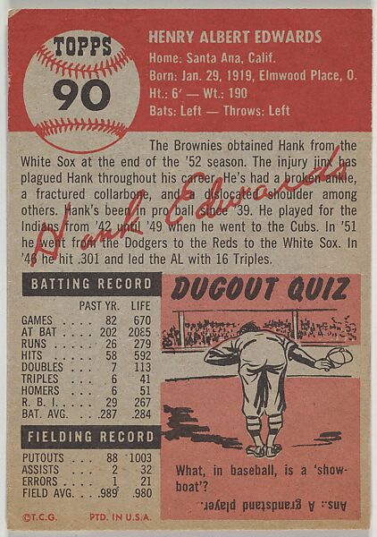 Card Number 90, Hank Edwards, Outfielder, St. Louis Browns, from the series Topps Dugout Quiz (R414-7), issued by Topps Chewing Gum Company, Issued by Topps Chewing Gum Company (American, Brooklyn), Commercial color lithograph