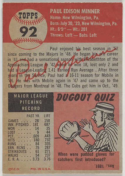 Card Number 92, Paul Minner, Pitcher, Chicago Cubs, from the series Topps Dugout Quiz (R414-7), issued by Topps Chewing Gum Company, Issued by Topps Chewing Gum Company (American, Brooklyn), Commercial color lithograph
