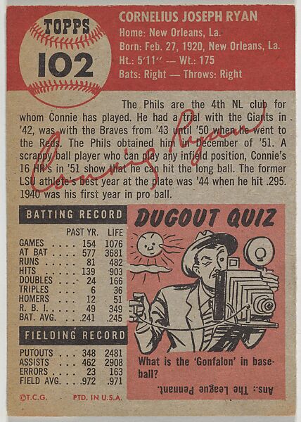 Card Number 102, Connie Ryan, Second Base, Philadelphia Phillies, from the series Topps Dugout Quiz (R414-7), issued by Topps Chewing Gum Company, Issued by Topps Chewing Gum Company (American, Brooklyn), Commercial color lithograph