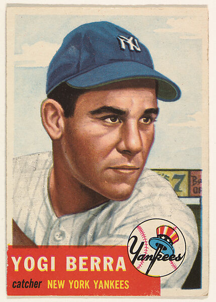 Issued by Topps Chewing Gum Company, Card Number 1, Larry (Yogi) Berra,  Catcher, New York Yankees, from the Topps Red/ Blue Backs series (R414-5)  issued by Topps Chewing Gum Company