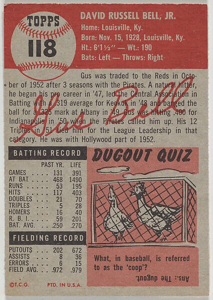Card Number 118, Gus Bell, Outfielder, Cincinnati Reds, from the series Topps Dugout Quiz (R414-7), issued by Topps Chewing Gum Company, Issued by Topps Chewing Gum Company (American, Brooklyn), Commercial color lithograph