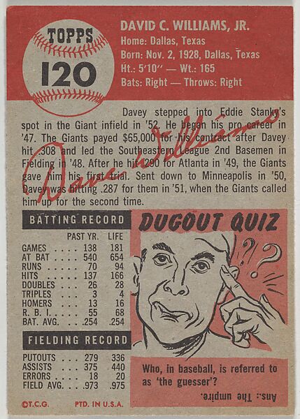 Card Number 120, Davey Williams, Second Base, New York Giants, from the series Topps Dugout Quiz (R414-7), issued by Topps Chewing Gum Company, Issued by Topps Chewing Gum Company (American, Brooklyn), Commercial color lithograph
