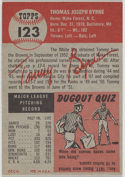 Card Number 123, Tommy Byrne, Pitcher, Chicago White Sox, from the series Topps Dugout Quiz (R414-7), issued by Topps Chewing Gum Company, Issued by Topps Chewing Gum Company (American, Brooklyn), Commercial color lithograph
