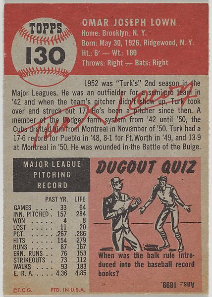 Card Number 130, Turk Lown, Pitcher, Chicago Cubs, from the series Topps Dugout Quiz (R414-7), issued by Topps Chewing Gum Company, Issued by Topps Chewing Gum Company (American, Brooklyn), Commercial color lithograph