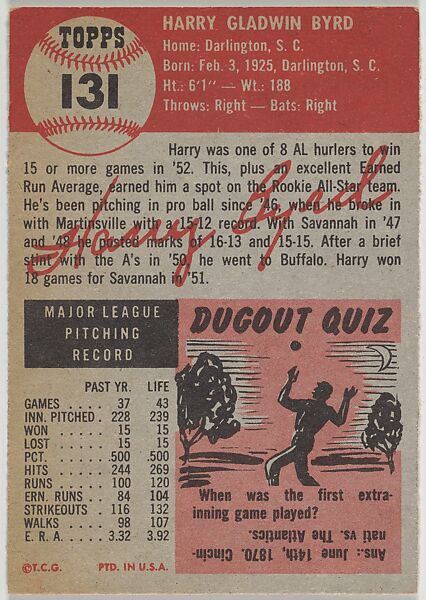 Card Number 131, Harry Byrd, Pitcher, Philadelphia Athletics, from the series Topps Dugout Quiz (R414-7), issued by Topps Chewing Gum Company, Issued by Topps Chewing Gum Company (American, Brooklyn), Commercial color lithograph