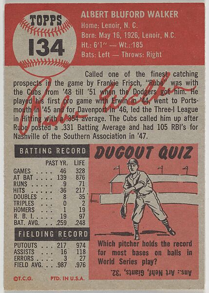 Card Number 134, Rube Walker, Catcher, Brooklyn Dodgers, from the series Topps Dugout Quiz (R414-7), issued by Topps Chewing Gum Company, Issued by Topps Chewing Gum Company (American, Brooklyn), Commercial color lithograph