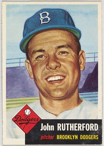 Issued by Topps Chewing Gum Company, Card Number 138, John Rutherford,  Pitcher, Brooklyn Dodgers, from the series Topps Dugout Quiz (R414-7),  issued by Topps Chewing Gum Company