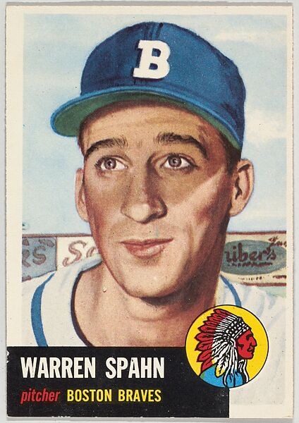 Issued by Topps Chewing Gum Company, Card Number 20, Warren Spahn,  Pitcher, Milwaukee Braves, from 1954 Topps Regular Issue series (R414-8),  issued by Topps Chewing Gum Company.