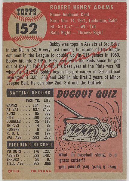 Card Number 152, Bob Adams, Third Base, Cincinnati Reds, from the series Topps Dugout Quiz (R414-7), issued by Topps Chewing Gum Company, Issued by Topps Chewing Gum Company (American, Brooklyn), Commercial color lithograph